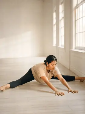 A woman in a bright studio, folding forward between wide-open legs