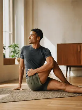 A man sitting on a rug at home, turning into a seated spinal twist